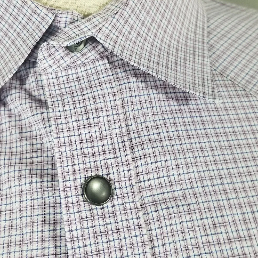 Banana Republic Shirt Mens M Purple Plaid Western Pearl Snap Retro Flex Stretch